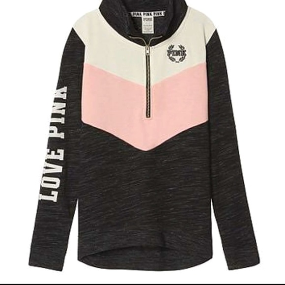 PINK Victoria's Secret Tops - PINK Victoria’s Secret Gray Marled Pink Love S Embroidered Half Zip Pullover